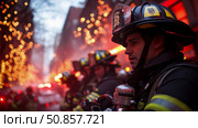 Brave firefighter portrait in a holiday season, facing danger with courage and determination, for print, card, poster. Стоковое AI-изображение, AI-художник Данила Большаков / Фотобанк Лори