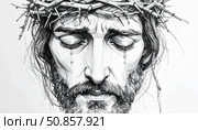 Emotive pencil sketch of Jesus wearing a crown of thorns with teardrops symbolizing sorrow, sacrifice, spirituality and Easter reflection. Стоковое AI-изображение, AI-художник Igor Tichonow / Фотобанк Лори