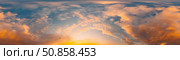 Sunset sky panorama with bright glowing pink Cumulus clouds. HDR 360 seamless spherical panorama. Full zenith or sky dome in 3D, sky replacement for aerial drone panoramas. Climate and weather change. Стоковое фото, фотограф svetograph / Фотобанк Лори