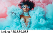 Surreal Portrait: Ethereal Woman in Cloud-Like Couture with Elaborate Makeup, dreamy aesthetic, art for print, poster. Стоковое AI-изображение, AI-художник Данила Большаков / Фотобанк Лори