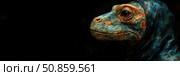 Ancient Reptile: A weathered dinosaur portrait against a somber canvas, evoking primordial might and fossilized legacy. Стоковое AI-изображение, AI-художник Данила Большаков / Фотобанк Лори