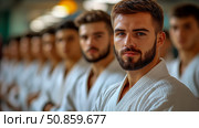 Martial Arts: A karate student stands at the front of a class, wearing a traditional gi and a determined expression. Стоковое AI-изображение, AI-художник Данила Большаков / Фотобанк Лори