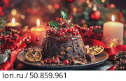 Traditional decorated Christmas pudding with white icing, red cranberry berries, holly, dried fruits, glaze. Delicious Xmas Cake Topped Festive Decorations. Elegant Christmas Dessert. Holiday Dining. Стоковое AI-видео, аниматор Марина Демидюк / Фотобанк Лори