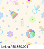 On a pale yellow background, there is a pattern consisting of children's objects: bottles, nipples, toys and a colorful ball decorated with flowers. It is ideal for decorating children's rooms. Стоковая иллюстрация, иллюстратор Светлана  Громак / Фотобанк Лори