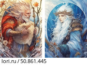Two detailed watercolor illustrations of fantasy characters - a wise old man with a staff and a woman with white hair in a crown. The man in a red robe holds a sheep, symbolizing strength and protection, and the woman is dressed in blue clothes with elements of armor, reflecting grandeur and mystery. The atmosphere of magic, ancient myths and a fairy-tale world. A great choice for fantasy, mythology, games and books. Стоковое AI-изображение, AI-художник Анна Кривицкая / Фотобанк Лори