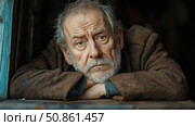 Portrait of an elderly man with expressive blue eyes, gray hair and beard. He leans on his hands at a wooden window and looks thoughtfully and a little sadly. The photo conveys the depth of emotions, life experience and an atmosphere of reflection. Suitable for themes of aging, wisdom, loneliness, nostalgia and human feelings. Стоковое AI-изображение, AI-художник Анна Кривицкая / Фотобанк Лори