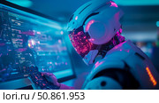 Futuristic Interface: chrome cyborg is coding in luminous environment, manipulating keyboard in front of monitor displaying intricate code. Стоковое AI-изображение, AI-художник Данила Большаков / Фотобанк Лори