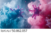 Contagion: Microscopic view of viral entities amid a swirling nebula of disease, a conceptual illustration of pandemic. Стоковое AI-изображение, AI-художник Данила Большаков / Фотобанк Лори