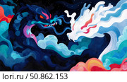 Celestial Struggle: A mythic blue creature confronts a luminous white counterpart, in a starry night scene. Стоковое AI-изображение, AI-художник Данила Большаков / Фотобанк Лори