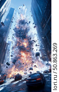 Cataclysmic Urban Upheaval: A Street Ablaze with Destruction, Vehicles Suspended in Mid-Air Under the Watchful Gaze of Towering Buildings. Стоковое AI-изображение, AI-художник Данила Большаков / Фотобанк Лори
