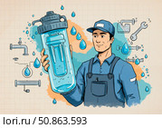 Водопроводчик и фильтр для воды. Plumber fixing a water filter with tools: Plumbing Services and Clean Water Concept. Стоковое AI-изображение, AI-художник Сайидова Наталия / Фотобанк Лори
