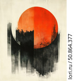 Modern abstract composition with a bright red-orange circle on a background of monochrome vertical brushstrokes. The contrast of warm and cold, hard geometry and soft texture creates a tense but balanced visual structure. The work is executed in a minimalist and expressionist style, suitable for interior design, galleries, design projects, covers and digital content. Стоковое AI-изображение, AI-художник Анна Кривицкая / Фотобанк Лори