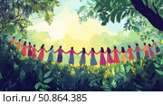 A bright and inspiring illustration of a group of people standing in a circle and holding hands against a picturesque natural backdrop. The scene is filled with sunlight, greenery and an atmosphere of unity, harmony and community. People are dressed in colorful clothes and the environment is created in a picturesque, almost fairy-tale style. The image is perfect for themes of community, support, ecology, holidays, cultural events and social advertising. Стоковое AI-изображение, AI-художник Анна Кривицкая / Фотобанк Лори