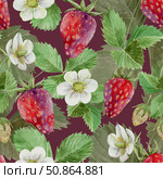ripe strawberries with flowers and foliage, seamless pattern on dark background,drawn in watercolor. Стоковая иллюстрация, иллюстратор Екатерина Тимонова / Фотобанк Лори