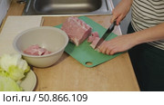 Female butcher cut raw meat with sharp knife at home kitchen. Woman cutting the chicken fillet in pieces for cooking. Preparing chopping food. Split poultry breast. Healthy lean meat, low cholesterol. Стоковое видео, видеограф Марина Демидюк / Фотобанк Лори