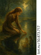 A mystical painting scene in the style of fairy-tale realism. A young woman sits by a forest lake, gently touching the water, which reflects images of her memories or future destiny - a girl at a spinning wheel and a young man next to her. The painting is permeated with a warm soft light, shrouded in an atmosphere of silence, nostalgia and magic. Ideal for themes about dreams, imagination, inner world, fairy tales, meditation and intuitive knowledge. Стоковое AI-изображение, AI-художник Анна Кривицкая / Фотобанк Лори