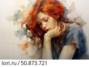 Watercolor portrait of a girl with red hair, bent over in thought. Her eyes are closed, her face is calm, her pose conveys silence and inner concentration. A warm palette is combined with soft streaks of watercolor, creating an atmosphere of dreaminess and vulnerable beauty. Ideal for decorating books, posters, articles about feelings, loneliness, inner world and femininity. Стоковое AI-изображение, AI-художник Анна Кривицкая / Фотобанк Лори