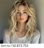 Portrait of a young woman with natural makeup and light brown wavy hair. She looks straight into the camera, creating a sense of sincerity and natural beauty. Soft daylight highlights her facial features, freckles and the texture of her knitted sweater. A perfect image for lifestyle, natural beauty, fashion, self-care, femininity and minimalism themes. The background is neutral, making the image versatile for designers and editors. Стоковое AI-изображение, AI-художник Анна Кривицкая / Фотобанк Лори