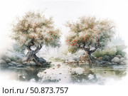 A watercolor illustration of two flowering trees standing on either side of a calm stream. Their roots are exposed and rest on large stones, and their crowns are full of white flowers and bright red fruits. The light, almost transparent palette creates a feeling of coziness, silence and natural harmony. The water reflects the trees, adding depth to the composition. In the background, the outlines of greenery and buildings can be guessed, as if lost in the fog. This painting is ideal for the themes of nature, dreaminess, balance and the aesthetics of Japanese or oriental painting. Стоковое AI-изображение, AI-художник Анна Кривицкая / Фотобанк Лори