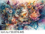 A bright watercolor illustration with a fantasy bird surrounded by a riot of flowers and swirling patterns. The image is made in a fabulous, almost dreamlike style, with soft color transitions and detailed drawing of petals, feathers and background swirls. The composition conveys a feeling of lightness, flight and magic. Suitable for postcards, covers, interior decor, creative projects and publications about nature and inspiration. Стоковое AI-изображение, AI-художник Анна Кривицкая / Фотобанк Лори