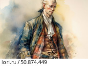 Watercolor portrait of an 18th century man in an aristocratic suit. He is wearing a vest, a shirt with a neckerchief and a doublet with a checkered element, emphasizing the style of the era. The gaze is directed to the side, the facial expression is calm and concentrated. The work is done in soft pastel colors with an emphasis on the details of the clothes and the texture of the fabric. The illustration is suitable for historical projects, book design, designer collections and art publications. Стоковое AI-изображение, AI-художник Анна Кривицкая / Фотобанк Лори
