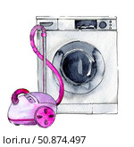 washing machine and vacuum cleaner with detergent, drawn in watercolor on a white background. Стоковая иллюстрация, иллюстратор Екатерина Тимонова / Фотобанк Лори