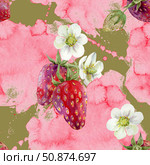juicy strawberry, ripe berries with flowers and leaves, seamless pattern, on a white background. Стоковая иллюстрация, иллюстратор Екатерина Тимонова / Фотобанк Лори