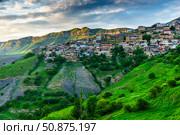 Picturesque view of the mountain village Chokh in the rays of the setting sun. Caucasus. Стоковое фото, фотограф Константин Лабунский / Фотобанк Лори