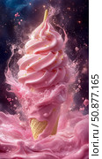 Cosmic Cone: A celestial swirling fantasy of strawberry delight, design for a sweet indulgence craving, print for food themed poster. Стоковое AI-изображение, AI-художник Данила Большаков / Фотобанк Лори