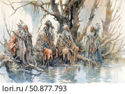 A watercolor fantasy illustration depicting a group of wise creatures or shamans sitting by the water in a dark forest. Their faces are hidden behind masks, and their robes resemble rags covered with moss, twigs and feathers. The branches of the trees above them are twisted into bizarre shapes, reflecting the magical atmosphere of the ancient world. The work is filled with mystery, symbolism and a sense of an old legend. Suitable for book illustrations, board games, fairytale art projects and the world of dark fantasy. Стоковое AI-изображение, AI-художник Анна Кривицкая / Фотобанк Лори