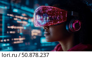 Metaverse Immersion: Woman exploring a digital interface with AR glasses and headphones. Стоковое AI-изображение, AI-художник Данила Большаков / Фотобанк Лори