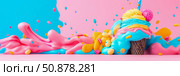 Sweet Indulgence: Cupcake Extravaganza in Candyland Colors, Festive Print, Card, Poster. Стоковое AI-изображение, AI-художник Данила Большаков / Фотобанк Лори