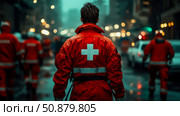 Emergency Response Team Amidst City Streetlights, a red uniform with a white cross stands ready to assist on a rainy night. Стоковое AI-изображение, AI-художник Данила Большаков / Фотобанк Лори