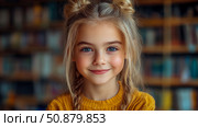 Joyful Childhood Portrait: A Smiling Girl in Golden Knit with Braids and Buns, Set Against a Bookish Backdrop. Стоковое AI-изображение, AI-художник Данила Большаков / Фотобанк Лори