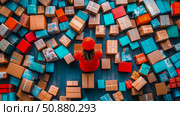 Concept: Online Shopping Fulfillment, Functional Use: Banner. Woman in Red Surrounded by Colorful Shipping Boxes on Dark Wood Grain. Стоковое AI-изображение, AI-художник Данила Большаков / Фотобанк Лори