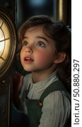 Child's Wonder: A Portrait of Fascination Beside an Illuminated Portal, Indicating Curiosity and Innocence. Стоковое AI-изображение, AI-художник Данила Большаков / Фотобанк Лори