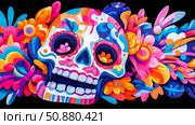 Holiday dia de muertos, celebration with sugar skull among vibrant flowers, design for print, card, poster. Стоковое AI-изображение, AI-художник Данила Большаков / Фотобанк Лори