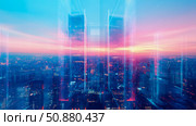 Urban dreams: cityscape at dusk, building and sky blending in a dreamy atmosphere, ideal for travel advertising. Стоковое AI-изображение, AI-художник Данила Большаков / Фотобанк Лори