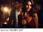 Elegant woman enjoying wine at a sophisticated party. Стоковое AI-изображение, AI-художник Иван Рябоконь / Фотобанк Лори