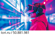 Metaverse Immersion: Woman with VR headset exploring a futuristic, vibrant cyber world simulation for personal entertainment. Стоковое AI-изображение, AI-художник Данила Большаков / Фотобанк Лори