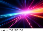 Vibrant beams of light converging into bright center point on dark background. Стоковое AI-изображение, AI-художник Иван Рябоконь / Фотобанк Лори