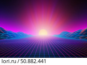 Retro futuristic synthwave sun rising over neon grid landscape. Стоковое AI-изображение, AI-художник Иван Рябоконь / Фотобанк Лори