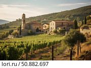 Picturesque tuscan countryside with vineyard and church. Стоковое AI-изображение, AI-художник Иван Рябоконь / Фотобанк Лори