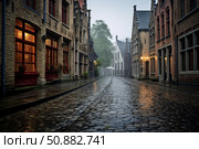 Cobblestone street in quaint european town at dawn. Стоковое AI-изображение, AI-художник Иван Рябоконь / Фотобанк Лори