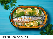 Fresh fish marinating with lemon, onion, peppercorns, and dill in glass baking dish. Стоковое AI-изображение, AI-художник Иван Рябоконь / Фотобанк Лори