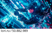 Sci-Fi Concept: Cybernetic Being Amidst Digital Circuitry. Стоковое AI-изображение, AI-художник Данила Большаков / Фотобанк Лори