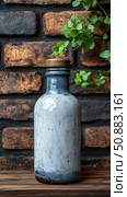 Rustic Charm: Ceramic Bottle on Wooden Surface with Brick and Greenery Accent, Displaying Artisanal Craftsmanship. Стоковое AI-изображение, AI-художник Данила Большаков / Фотобанк Лори
