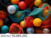 Colorful fishing nets and floats creating a vibrant marine still life. Стоковое AI-изображение, AI-художник Иван Рябоконь / Фотобанк Лори