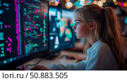 Child Prodigy: Young coder intensely working on computer programming, developing software for future generation, design for tech startup, tech innovation. Стоковое AI-изображение, AI-художник Данила Большаков / Фотобанк Лори