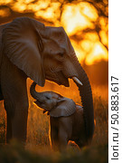 A mother elephant and her calf are foraging in tall grass. Стоковое AI-изображение, AI-художник Татьяна  Бральнина / Фотобанк Лори